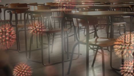 animación de células de macro coronavirus covid-19 que se propagan en un aula escolar vacía