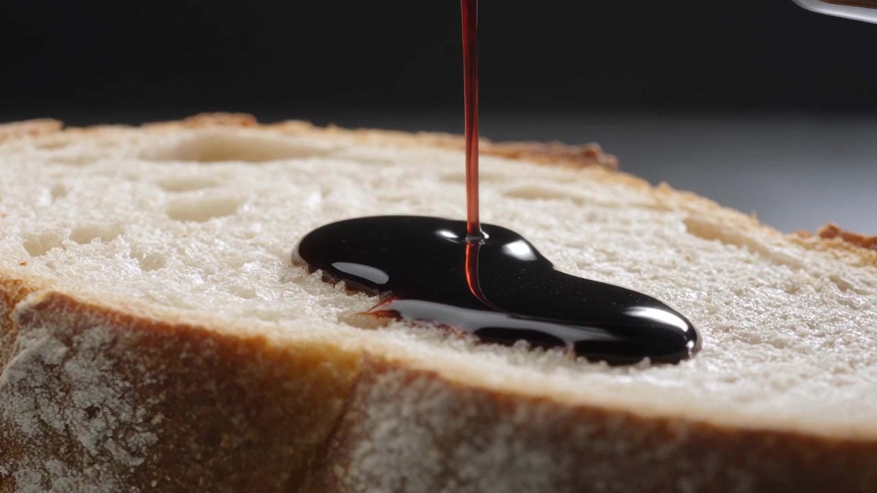 Pouring metal utensil lip releasing dark syrup onto rustic bread slice at tabletop, spreading
