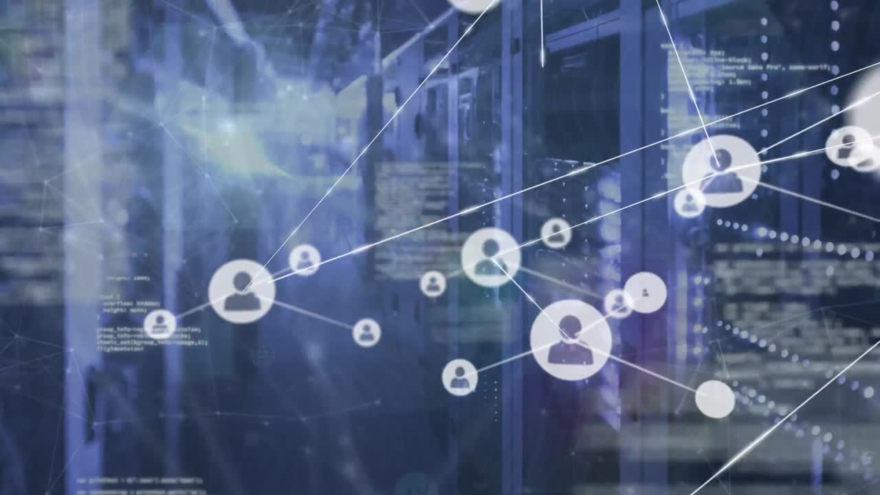 Animation of network of connections with icons over server room