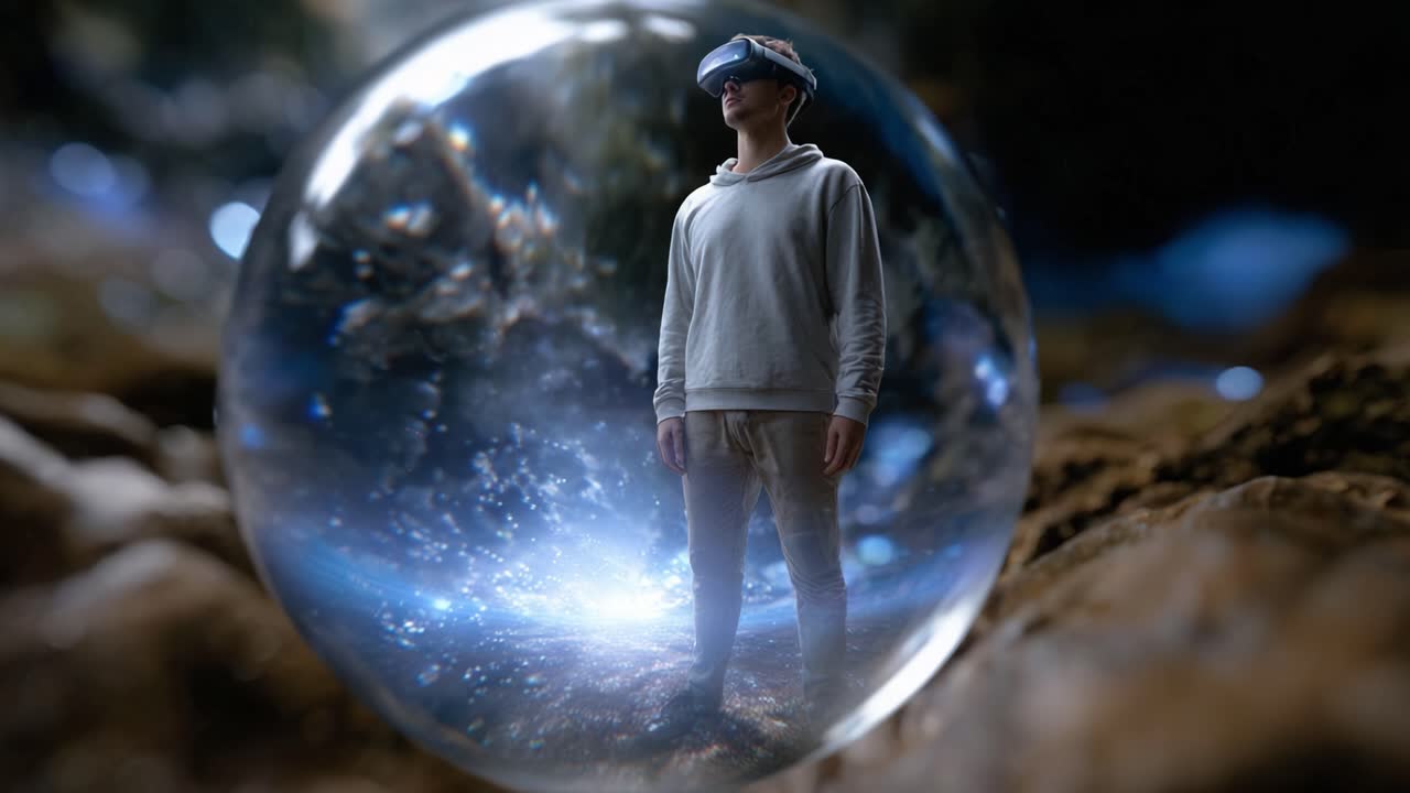 Esplorare realtà virtuali: una persona immersa in un'esperienza coinvolgente all'interno di una sfera trasparente, circondata da uno sfondo mistico e dinamico