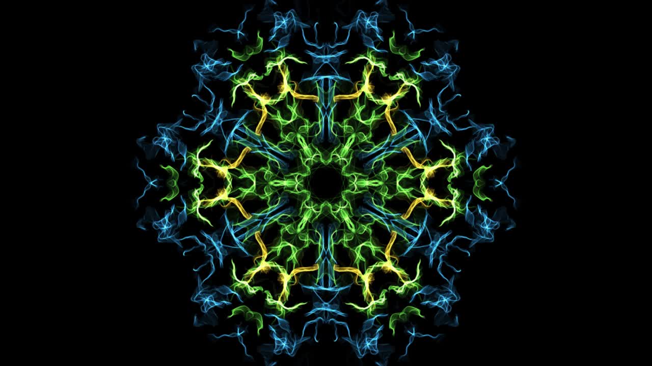 mandala fractal en vivo en diseño verde, azul y amarillo, patrones de pincel fino en fondo negro, movimiento en bucle, imágenes abstractas