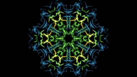 fractal live mandala in green, blue and yellow design, fine brush patterns on black background, loop motion, abstract footage