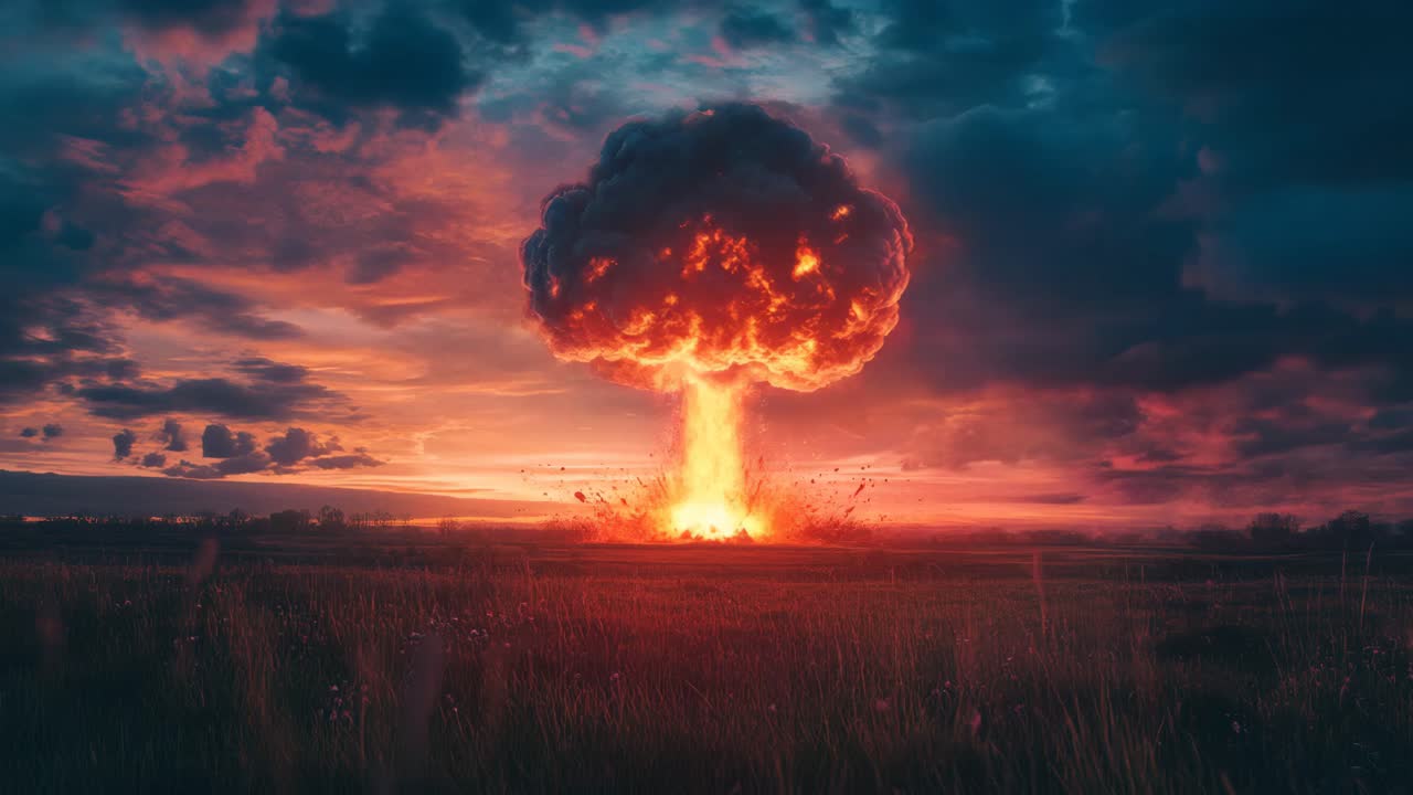 Explosion over a field at sunset