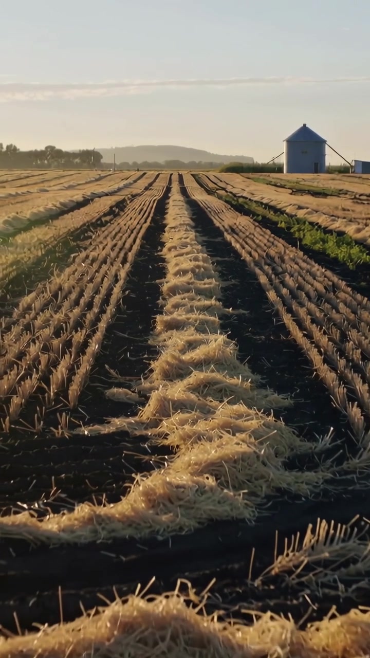 Vertical video: Moving camera showing center windrows across cut field toward silo and hills