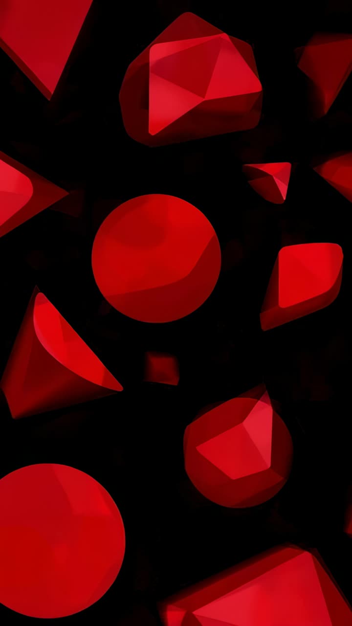 Vertical video: Looping red solids rotating for balance in black studio, with disc and polyhedrons