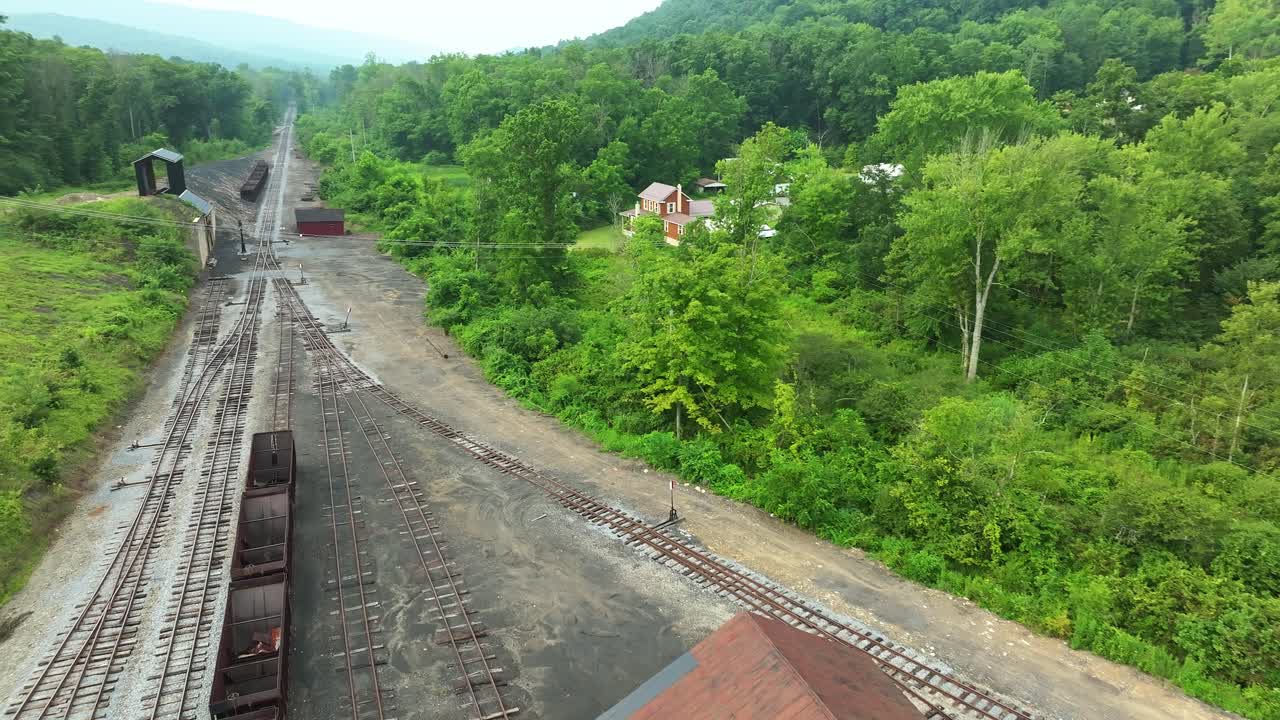 An old train yard is visible among dense green woodland. Rusted train cars sit quietly on tracks, surrounded by emerging vegetation. Nature seems to reclaim the space where trains once thrived