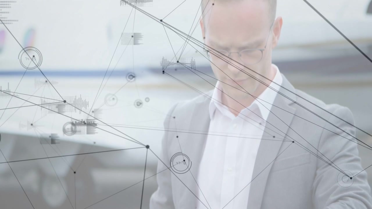 Executive hand moving to watch, checking time as camera rising, revealing aircraft HUD departing