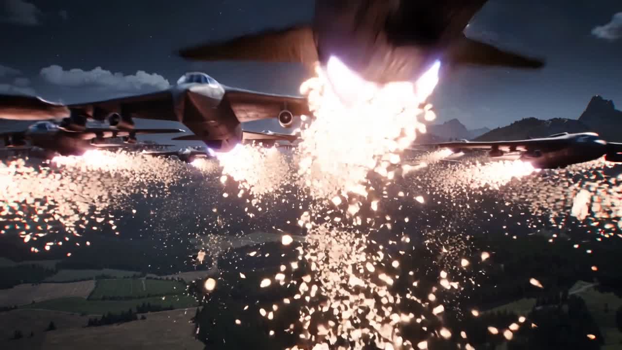 Flying heavy military jets deploying flares over mountain valley, countering heat-seeking missiles