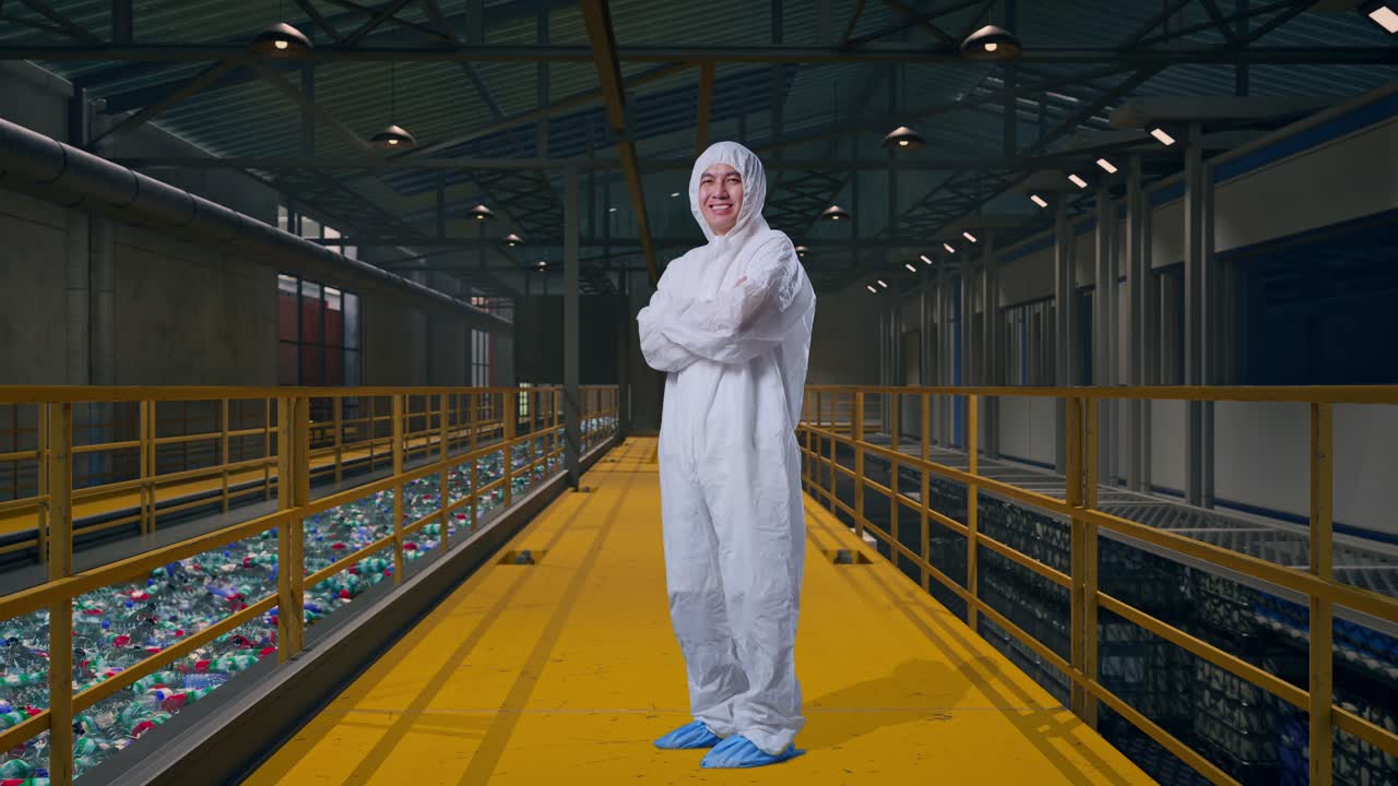 Helkroppssideprofil av en asiatisk mannlig forsker med kryssede armer og et smil, mens han inspiserer driften ved et plastgjenvinningsanlegg med flasker på et transportbånd.