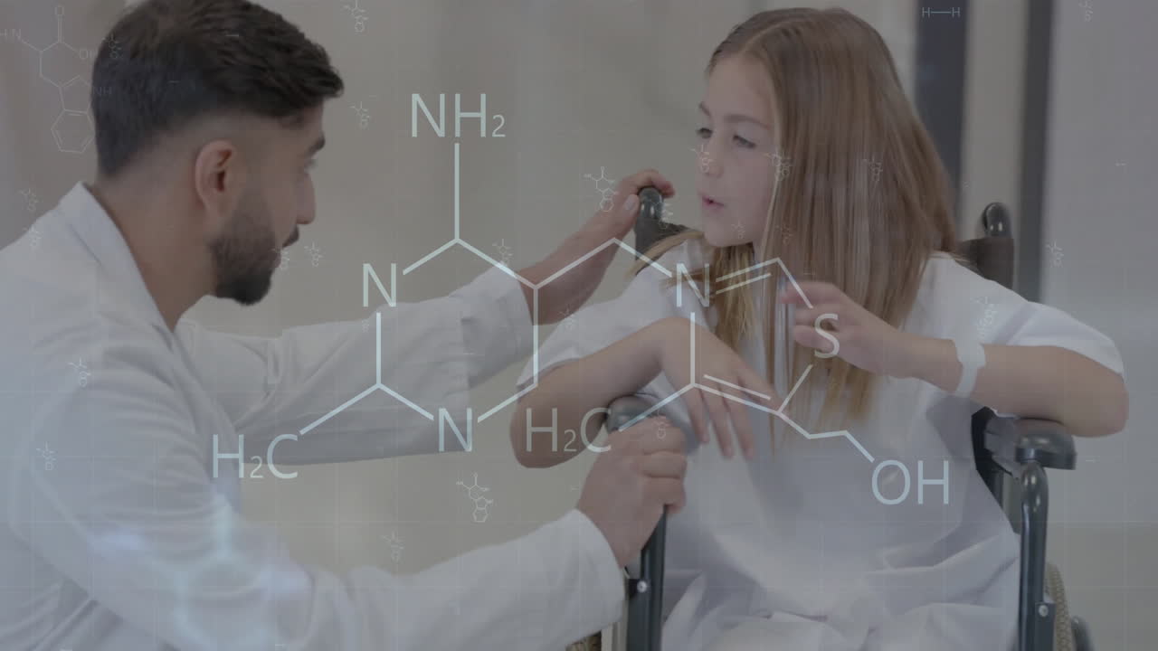 Chemical structure animation over doctor assisting young girl in wheelchair