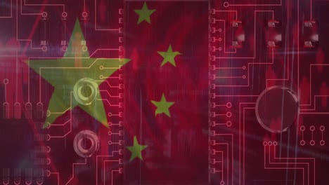 animación de una placa de circuito de computadora con procesamiento de datos y bandera de china