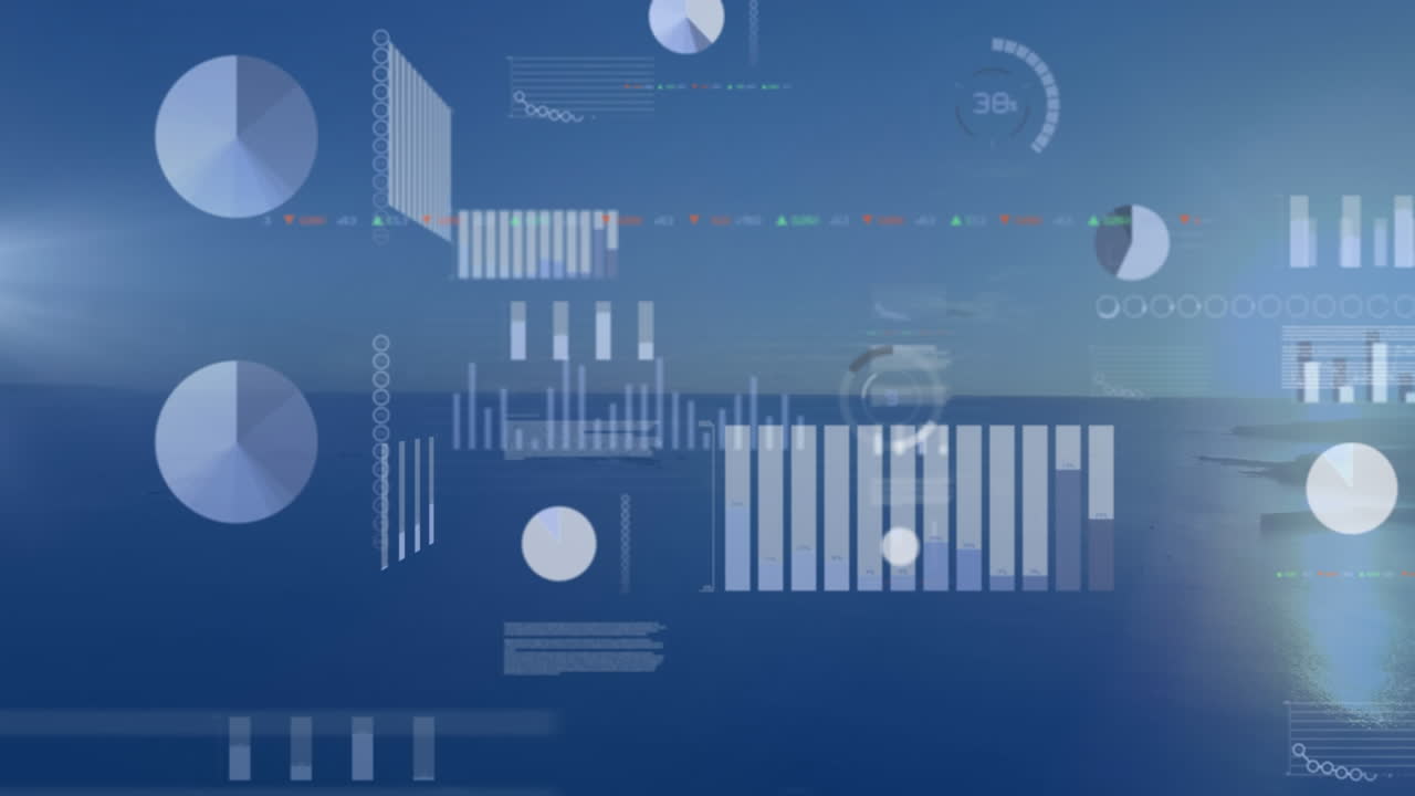 Animation of statistics and data processing on screens over landscape