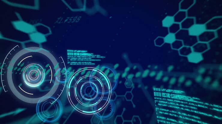 Animation of scope and data processing over dark background