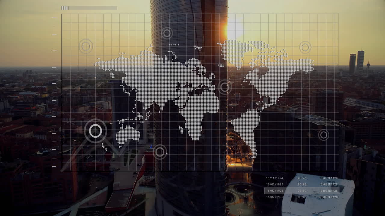 Digital dotted world map being animated over sunset city skyline, with grid lines and data markers