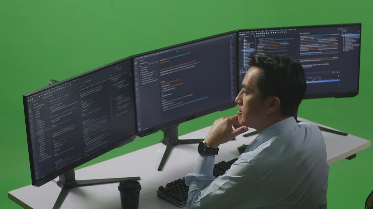 vista lateral de un hombre asiático desarrollador pensando en algo mientras escribe código con múltiples pantallas de computadora en el estudio de pantalla verde