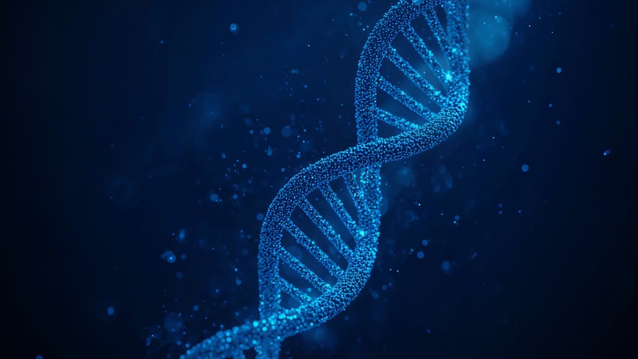 Starting glowing blue DNA helix rotating and pulsing in deep-blue space, revealing rungs