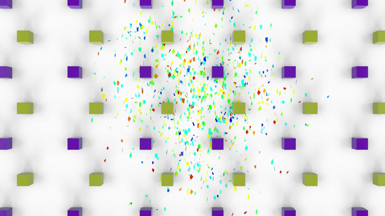 Animation af farverige geometriske og konfettifaldende former over hvid baggrund.