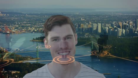 animation of caucasian businessman and network of connections over cityscape