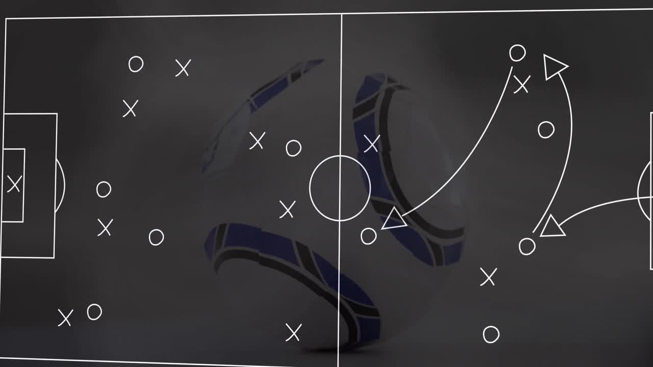 Animation of strategy of soccer game vector over blue and white soccer ball against white background