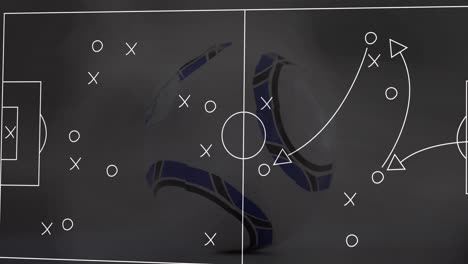 Animation-Der-Strategie-Eines-Fußballspiels,-Vektor-über-Blauem-Und-Weißem-Fußball-Vor-Weißem-Hintergrund