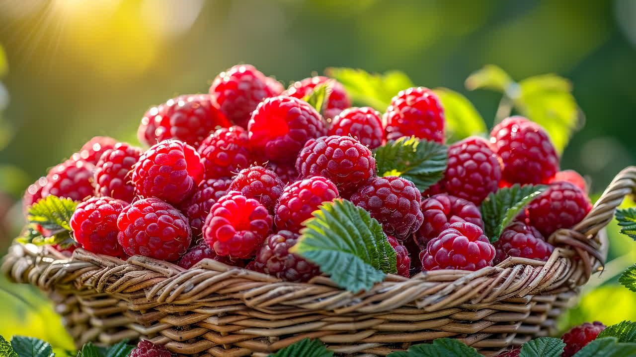 Fresh raspberries harvested from garden. A basket brimming with ripe raspberries rests among green leaves, illuminated by the warm sunlight