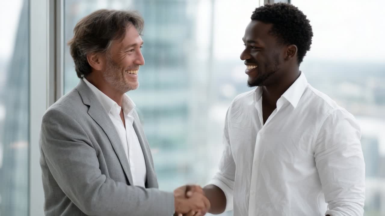 Two professionals engaging in a warm handshake, symbolizing trust and collaboration in a modern business environment, with bright natural light streaming through large windows, emphasizing connection and partnership