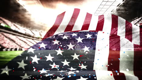colorful confetti falling over us flag against stadium