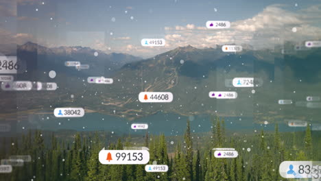 multiple speech bubbles with social media icons and increasing numbers against mountain landscape