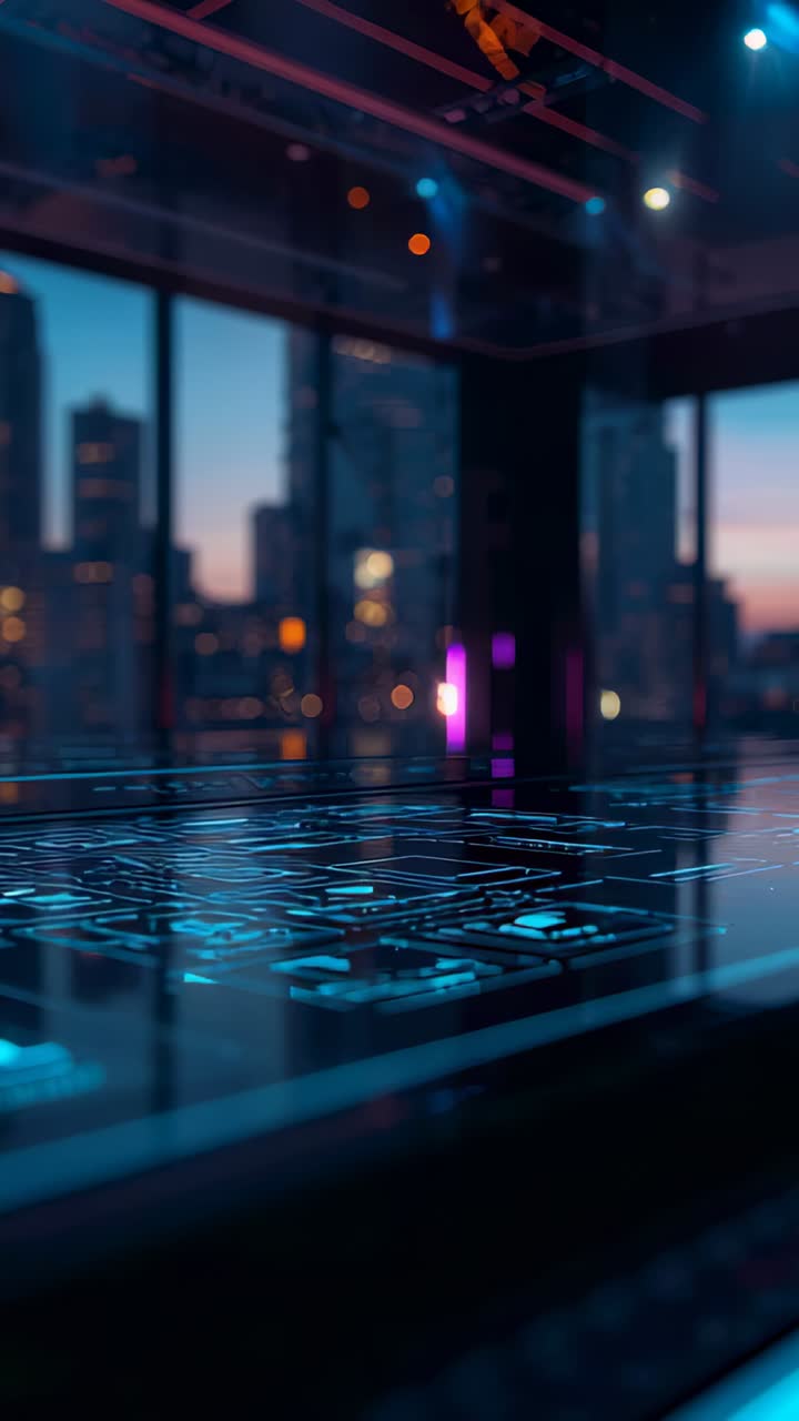 Vertical video: Gliding camera dollying forward over circuit glass in studio, showing cyan traces