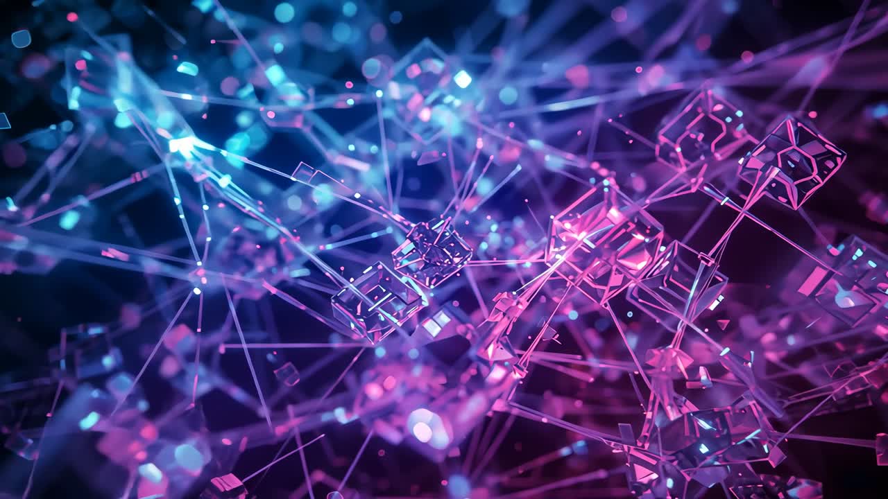 Camera panning around network in void showing opaque or translucent cubes, glowing lines, lit nodes