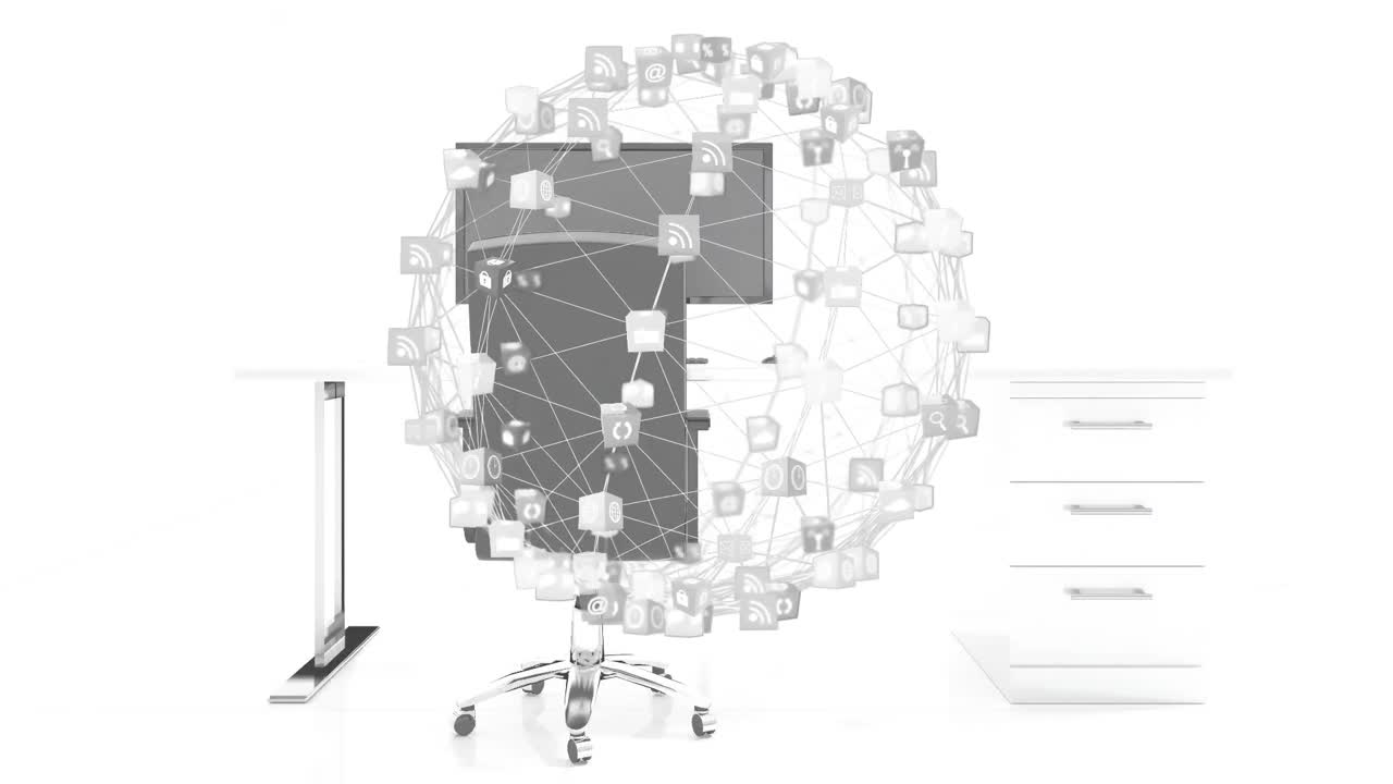 Animazione di una rete globale di icone multimediali su una scrivania d'ufficio e un computer