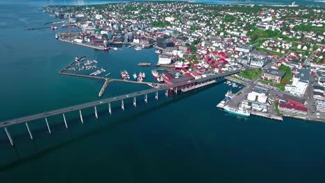 Bridge-of-city-Tromso,-Norway-Aerial-footage