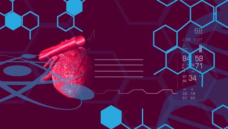 animación de fórmulas químicas, modelo de audición y frecuencia cardíaca en fondo violeta