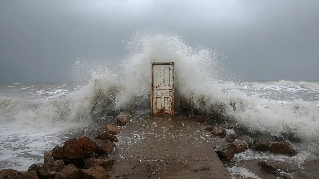 Taşlık bir kıyıda duran eski bir kapıya çarpan dalgalar