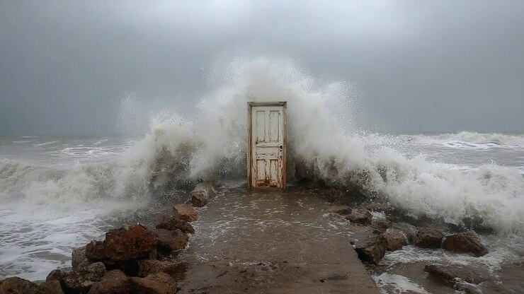 Des vagues déferlent contre une vieille porte posée sur un rivage rocailleux