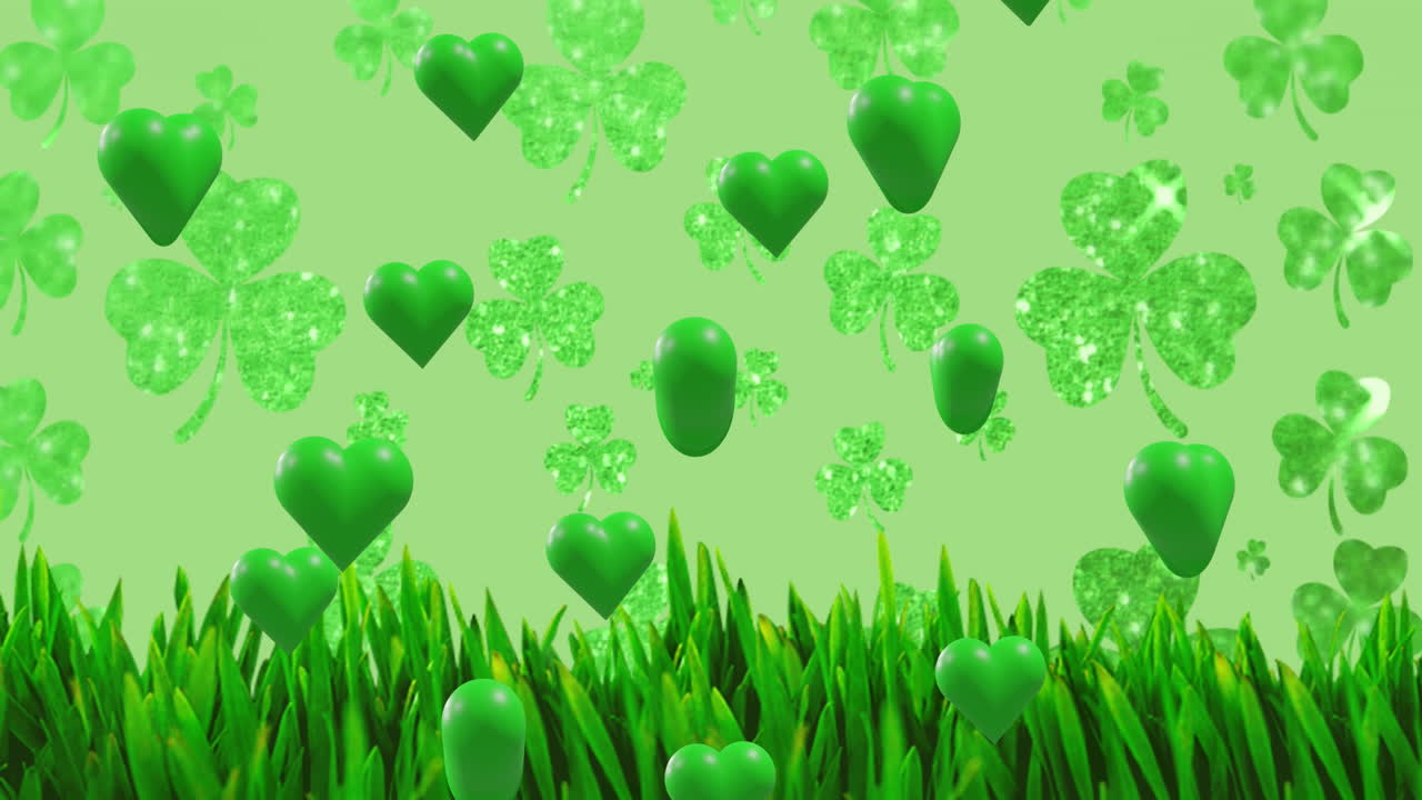 animación del día de san patricio trébol y corazones verdes sobre fondo verde.