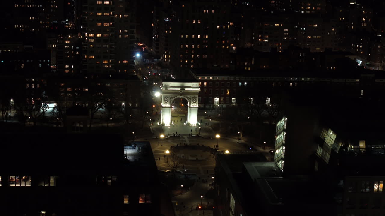 Aerial view of Washington Square Park at night. Shot in New York City’s Greenwich Village.
