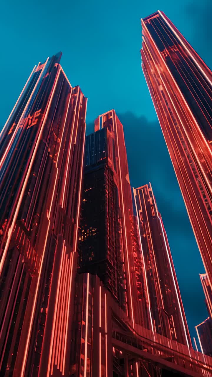 Vídeo vertical: pôr do sol chegando e iluminando as faixas de neon dos arranha-céus ao anoitecer com passarela