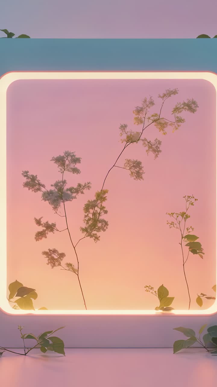 Vertical video: Square light panel and plant silhouettes emitting glow on ledge, as seconds pass