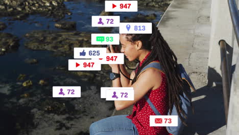 taking photo by sea, social media interaction animation over woman