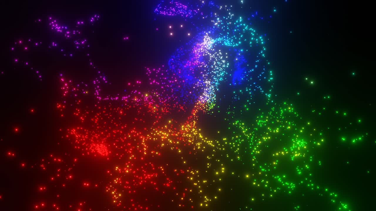 흐르는 작은 입자가 있는 추상 디지털 화려한 물결은 파도와 밝은 추상적 배경에서 춤을 춥니다.
