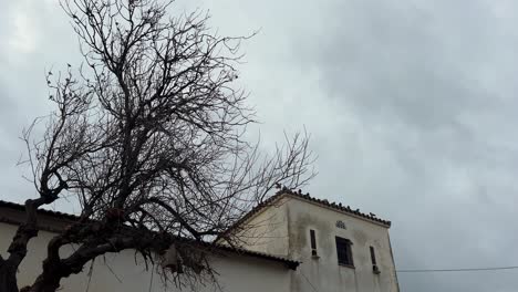 Atop-the-weathered-and-aged-structure,-birds-gather-against-the-cloudy-sky,-evoking-feelings-of-nostalgia-and-rustic-charm,-reminiscent-of-past-eras-and-vintage-allure