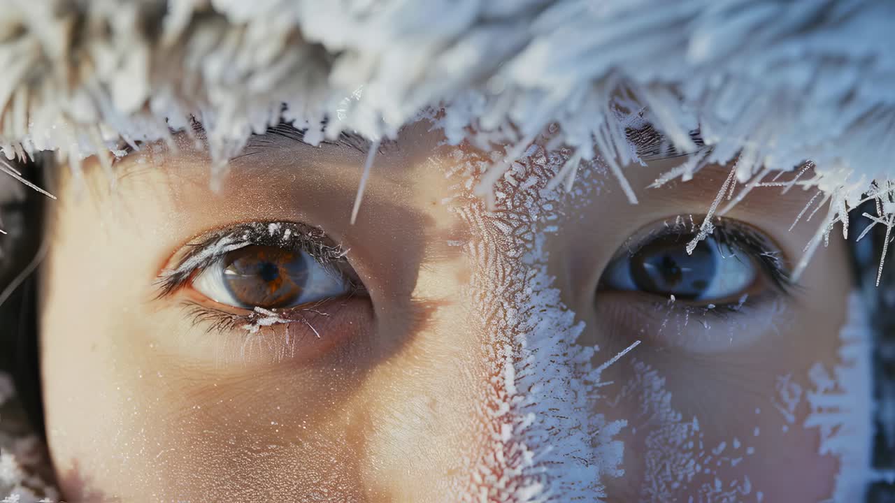 Close up of a young explorer's face covered in ice crystals, highlighting the challenges of arctic exploration and the resilience of the human spirit in extreme conditions