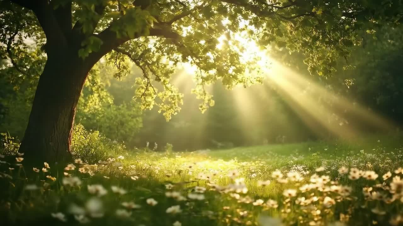 Serene nature video with a low-angle view of sunlight streaming through a tree onto a meadow