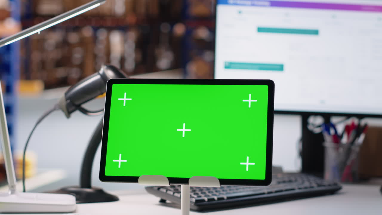 Industrial storage room showcasing chroma key on pc and package tracking