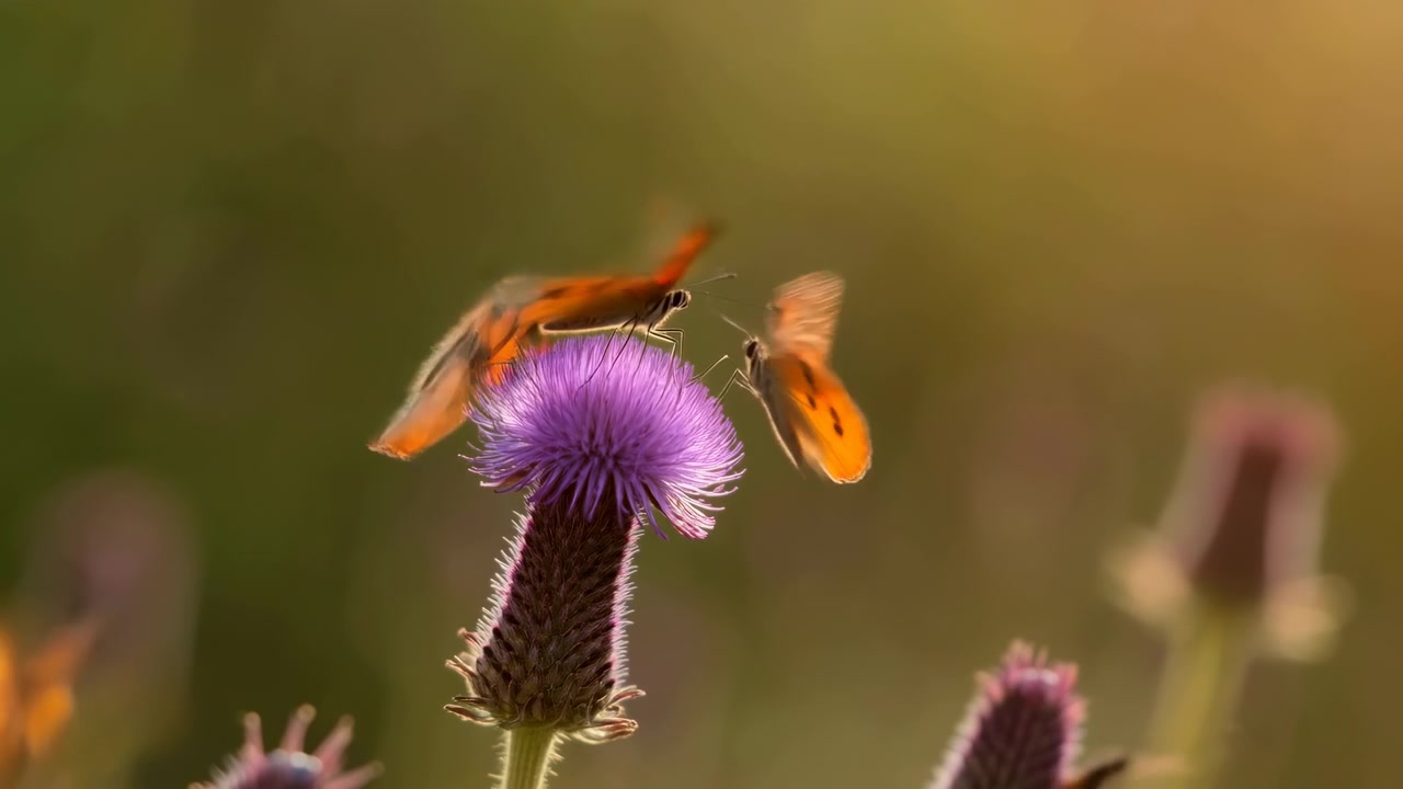 Scena macro di farfalle arancioni che si posano su fiori di cardo viola sotto una calda luce solare direzionale, con uno sfondo di prato soffuso e un movimento delicato