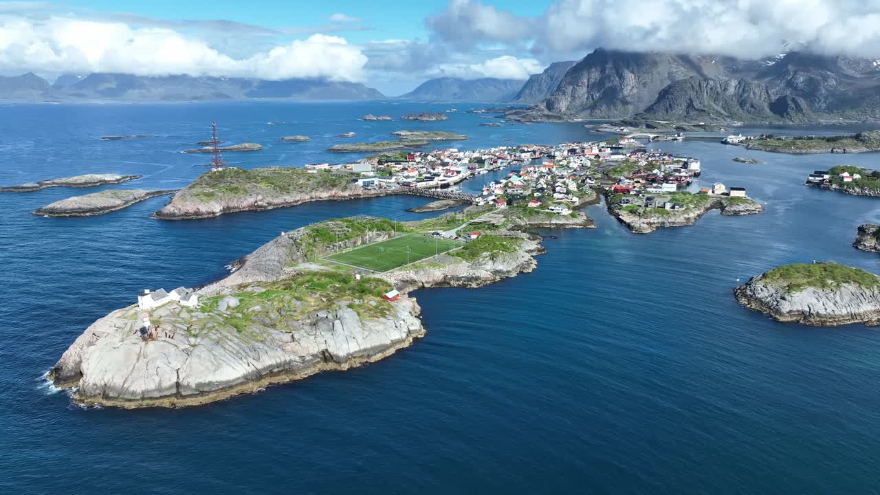 Henningsvaer and its world-famous football field in scenic Lofoten, Norway