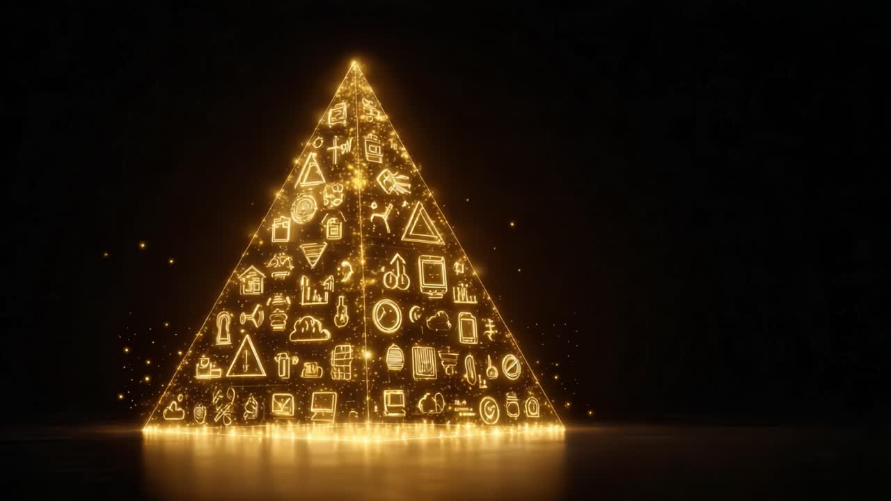 Futuristic golden pyramid glowing in a dark environment with modern digital technology and business icons covering its surface, representing the hierarchy and structure of corporate data