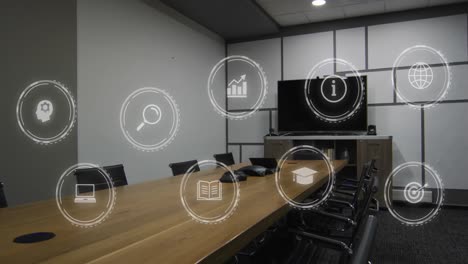 Animation-of-multiple-digital-icons-against-empty-meeting-room-at-office