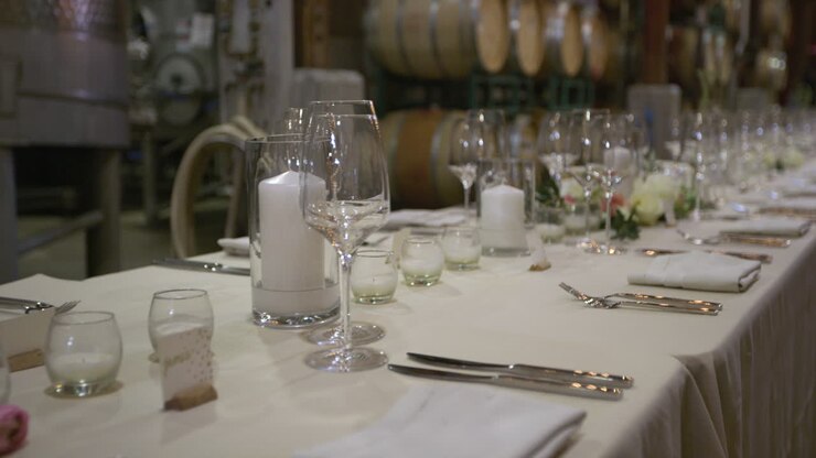 Empty large rectangle white wedding table full of crockery and cutlery